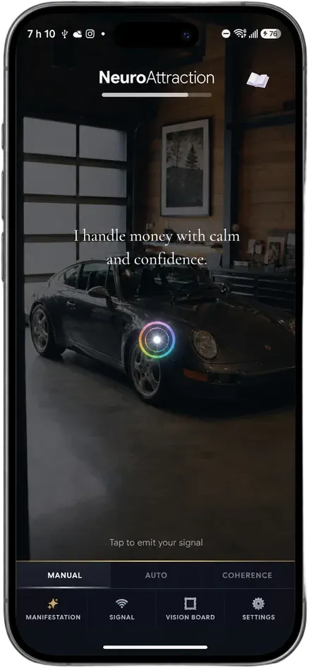 NeuroAttraction app on phone showing real time signal calibration and vision board