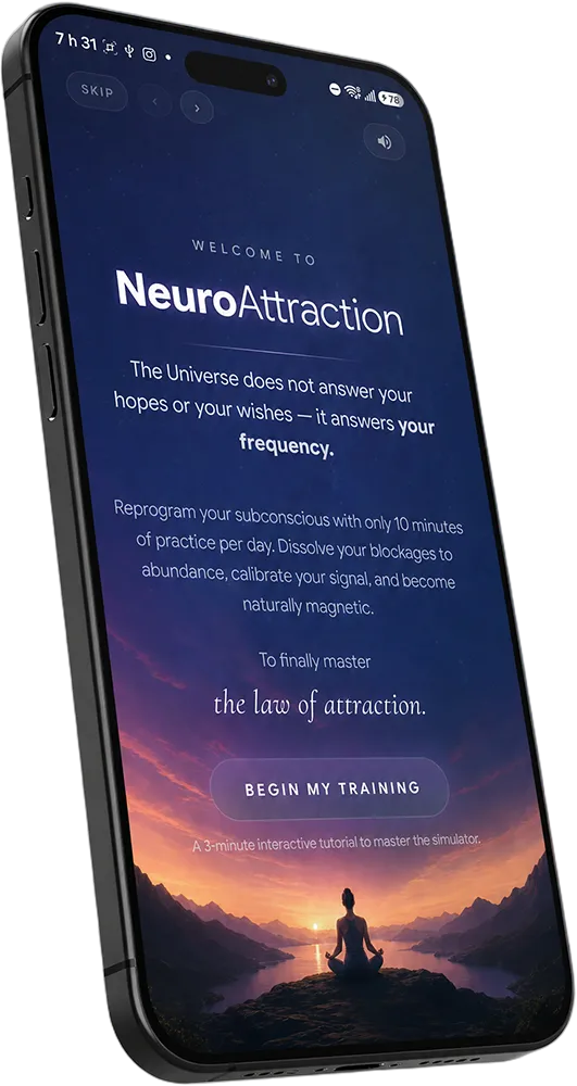 NeuroAttraction app mockup on phone - welcome and coherence training screen